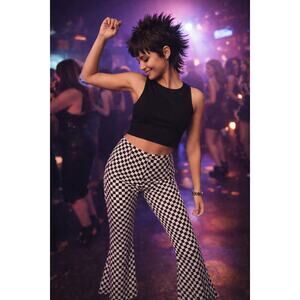 NWT Nasty Gal Black White Sequin Checkerboard Flared Trouser Pants Women's 2